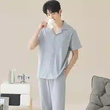 兰缪 开衫纯色大码简约休闲短袖长裤睡衣套装 男款