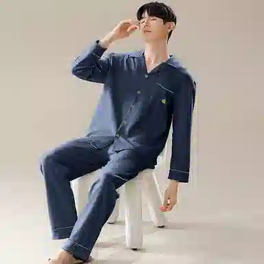兰缪 翻领开衫长袖长裤简约高级风睡衣套装 男款