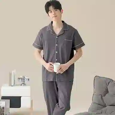 兰缪 开衫纯色大码简约休闲短袖长裤睡衣套装 男款