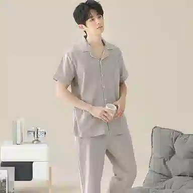 兰缪 开衫纯色大码简约休闲短袖长裤睡衣套装 男款