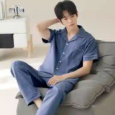 兰缪 开衫纯色大码简约休闲短袖长裤睡衣套装 男款