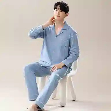 兰缪 翻领开衫长袖长裤简约高级风睡衣套装 男款