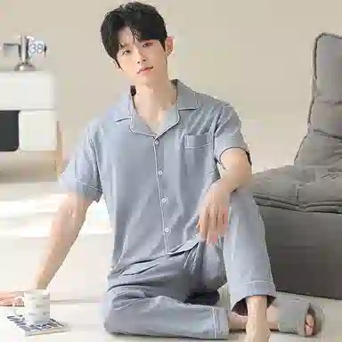 兰缪 开衫纯色大码简约休闲短袖长裤睡衣套装 男款