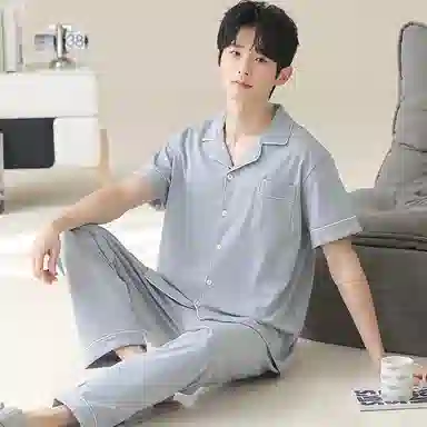 兰缪 开衫纯色大码简约休闲短袖长裤睡衣套装 男款