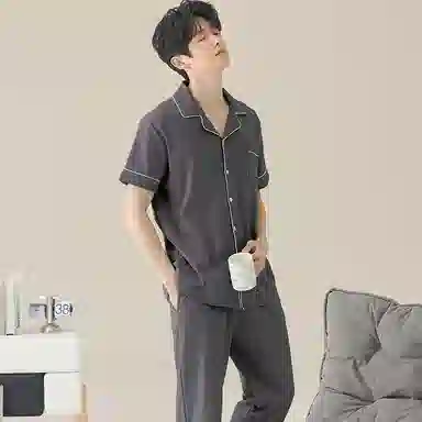 兰缪 开衫纯色大码简约休闲短袖长裤睡衣套装 男款