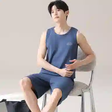 兰缪 时尚纯色透气凉感高弹舒适柔软可外穿无袖背心五分裤睡衣套装 男款