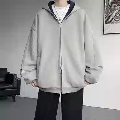北欧攻略 美式重磅高级感双拉链撞色松弛感微阔显瘦连帽开衫外套宽松大码胖人秋冬学院风长袖卫衣 男女同款