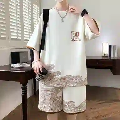 北欧攻略 高级感品质字母印花撞色柔软舒适亲肤透气凉感健身跑步圆领两件套宽松短袖短裤休闲运动套装 男女同款