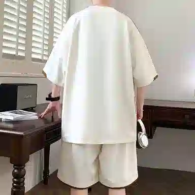 北欧攻略 高级感品质字母印花撞色柔软舒适亲肤透气凉感健身跑步圆领两件套宽松短袖短裤休闲运动套装 男女同款
