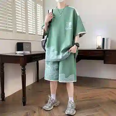 北欧攻略 高级感品质字母印花撞色柔软舒适亲肤透气凉感健身跑步圆领两件套宽松短袖短裤休闲运动套装 男女同款