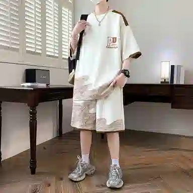 北欧攻略 高级感品质字母印花撞色柔软舒适亲肤透气凉感健身跑步圆领两件套宽松短袖短裤休闲运动套装 男女同款