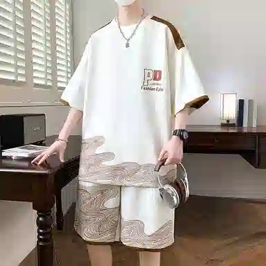 北欧攻略 高级感品质字母印花撞色柔软舒适亲肤透气凉感健身跑步圆领两件套宽松短袖短裤休闲运动套装 男女同款
