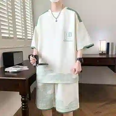 北欧攻略 高级感品质字母印花撞色柔软舒适亲肤透气凉感健身跑步圆领两件套宽松短袖短裤休闲运动套装 男女同款