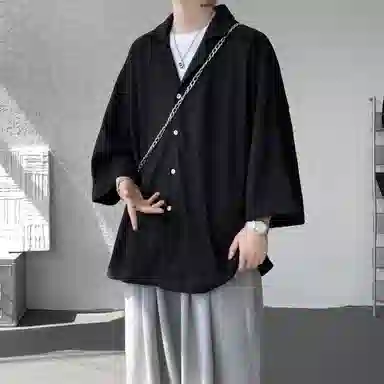 沐诚阳译 美式复古学院风慵懒休闲百搭落肩翻领日常通勤服饰美式高级感速干轻薄透气休闲通勤短袖衬衫 男女同款