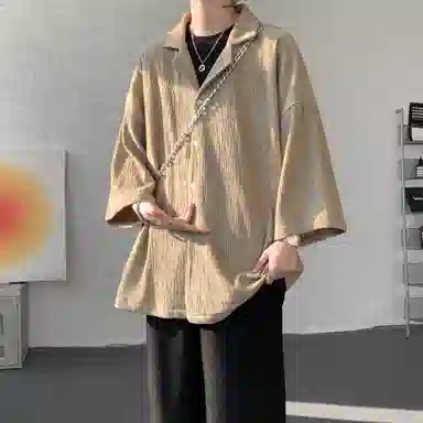 沐诚阳译 美式复古学院风慵懒休闲百搭落肩翻领日常通勤服饰美式高级感速干轻薄透气休闲通勤短袖衬衫 男女同款