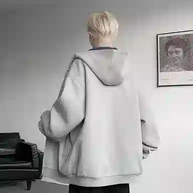 北欧攻略 美式重磅高级感双拉链撞色松弛感微阔显瘦连帽开衫外套宽松大码胖人秋冬学院风长袖卫衣 男女同款