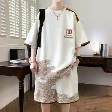 北欧攻略 高级感品质字母印花撞色柔软舒适亲肤透气凉感健身跑步圆领两件套宽松短袖短裤休闲运动套装 男女同款