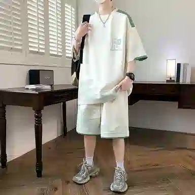 北欧攻略 高级感品质字母印花撞色柔软舒适亲肤透气凉感健身跑步圆领两件套宽松短袖短裤休闲运动套装 男女同款