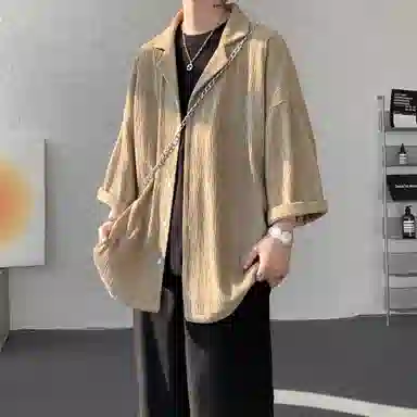 沐诚阳译 美式复古学院风慵懒休闲百搭落肩翻领日常通勤服饰美式高级感速干轻薄透气休闲通勤短袖衬衫 男女同款