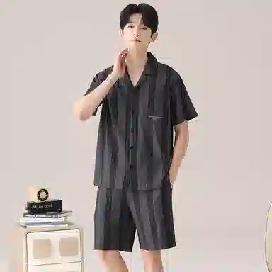 俏韵 短袖亲肤条纹翻领家居服可外穿睡衣套装 男款