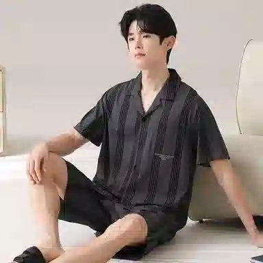 俏韵 短袖亲肤条纹翻领家居服可外穿睡衣套装 男款