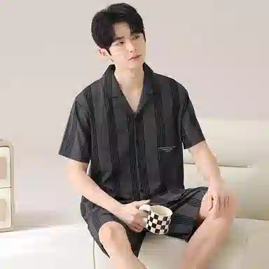 俏韵 短袖亲肤条纹翻领家居服可外穿睡衣套装 男款