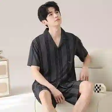 俏韵 短袖亲肤条纹翻领家居服可外穿睡衣套装 男款