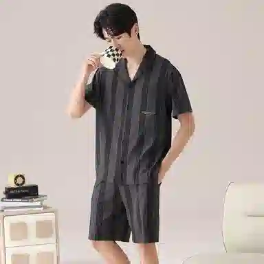 俏韵 短袖亲肤条纹翻领家居服可外穿睡衣套装 男款