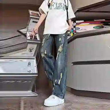 虫小绿 美式高街复古潮流宽松百搭破洞水洗休闲运动裤集多种设计元素于一身牛仔裤 男女同款