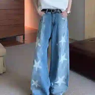 沐诚阳译 美式做旧油漆涂鸦五角星多风格舒适百搭长裤牛仔裤 男女同款