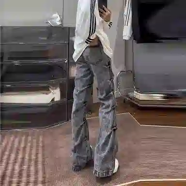 悍戈 美式复古高街嘻哈个性褶皱百搭休闲长裤牛仔裤 男女同款