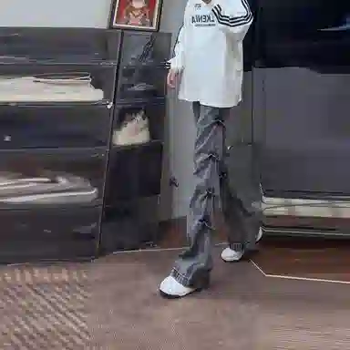 悍戈 美式复古高街嘻哈个性褶皱百搭休闲长裤牛仔裤 男女同款