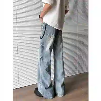 悍戈 美式高街重磅水洗做旧微喇百搭休闲复古风牛仔裤 男女同款