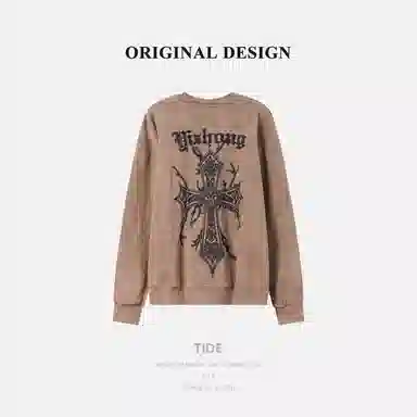 乱步 美式街头水洗做旧渐变字母刺绣圆领潮牌嘻哈宽松套头上衣卫衣 男女同款