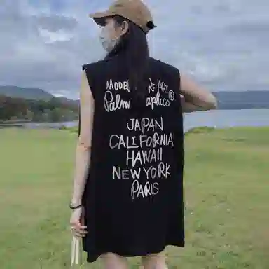 乱步 重磅纯棉手绘涂鸦坎肩美式运动休闲圆领宽松背心 男女同款