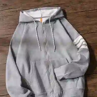 乱步 美式复古连帽华夫格开衫 拉链卫衣秋冬四条杠外套情侣装 男女同款