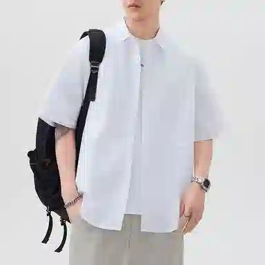 帝狼牛 纯色透气简约翻领轻便舒适时尚纽扣拼接设计感百搭短袖衬衫 男女同款