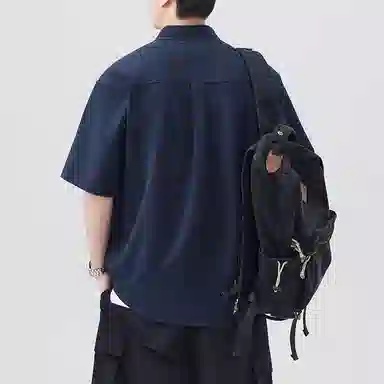 帝狼牛 美式简约基础款学院风高街纯色宽松透气百搭舒适翻领柔软亲肤透气通勤户外纯棉落肩短袖衬衫 男女同款