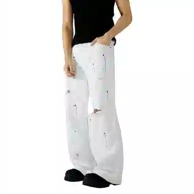 帝狼牛 美式高街喷溅破洞设计纯棉百搭时尚宽松直筒休闲牛仔裤 男女同款