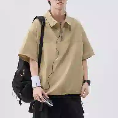帝狼牛 半拉链套头工装翻领抽绳透气孔设计通勤潮酷简约百搭休闲舒适时尚短袖衬衫 男女同款