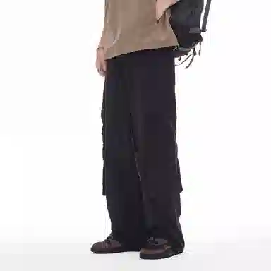 帝狼牛 美式复古山系户外宽松直筒纯色口袋设计褶皱工装休闲裤 男女同款