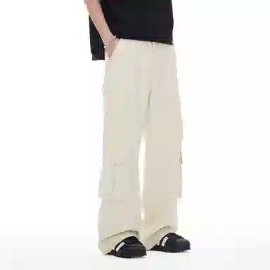 帝狼牛 美式复古山系户外宽松直筒纯色口袋设计褶皱工装休闲裤 男女同款