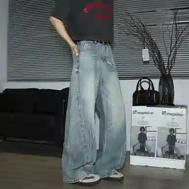 帝狼牛  美式复古做旧破洞设计弯刀宽松百搭阔腿潮牌牛仔裤 男女同款