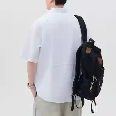 帝狼牛 纯色透气简约翻领轻便舒适时尚纽扣拼接设计感百搭短袖衬衫 男女同款