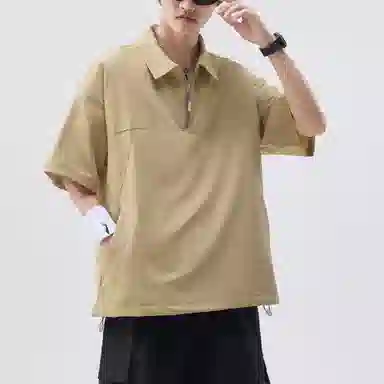 帝狼牛 半拉链套头工装翻领抽绳透气孔设计通勤潮酷简约百搭休闲舒适时尚短袖衬衫 男女同款
