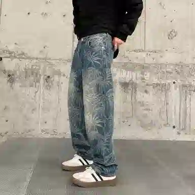 帝狼牛 美式复古植物树叶印花高级感长裤时尚潮牌宽松中腰直筒垂感水洗做旧通勤休闲百搭牛仔裤 男女同款