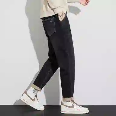 帝狼牛 美式复古休闲抽绳水洗微锥直筒牛仔裤 男女同款