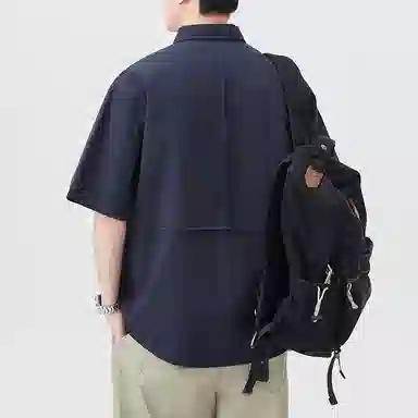 帝狼牛 纯色透气简约翻领轻便舒适时尚纽扣拼接设计感百搭短袖衬衫 男女同款