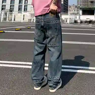 帝狼牛 做旧舒适磨白宽松刺绣字母复古水洗休闲牛仔裤 男女同款