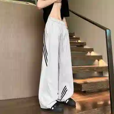帝狼牛 三条杠条纹复古垂坠感运动户外透气速干直筒裤美式高级感慵懒清爽长裤宽松大码遮肉显瘦舒适百搭休闲裤 男女同款
